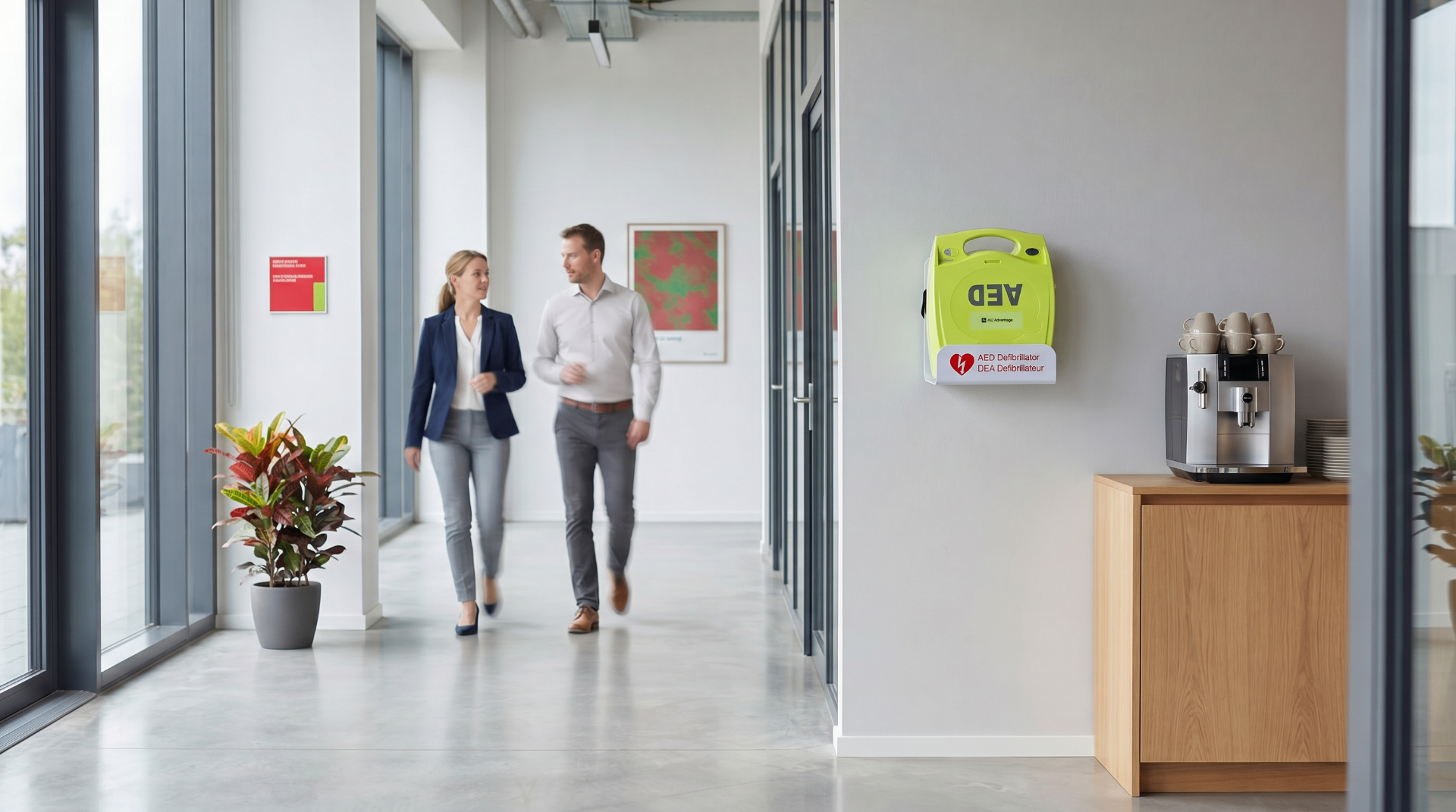 AED mounted in a modern office workspace